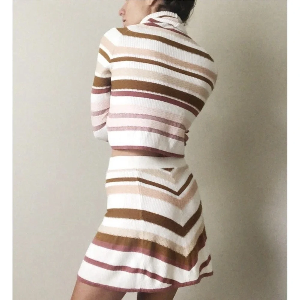 NWT Free People Stripe Turtleneck Sweater &‎ Chevron Mini Skirt Set XS Neutral